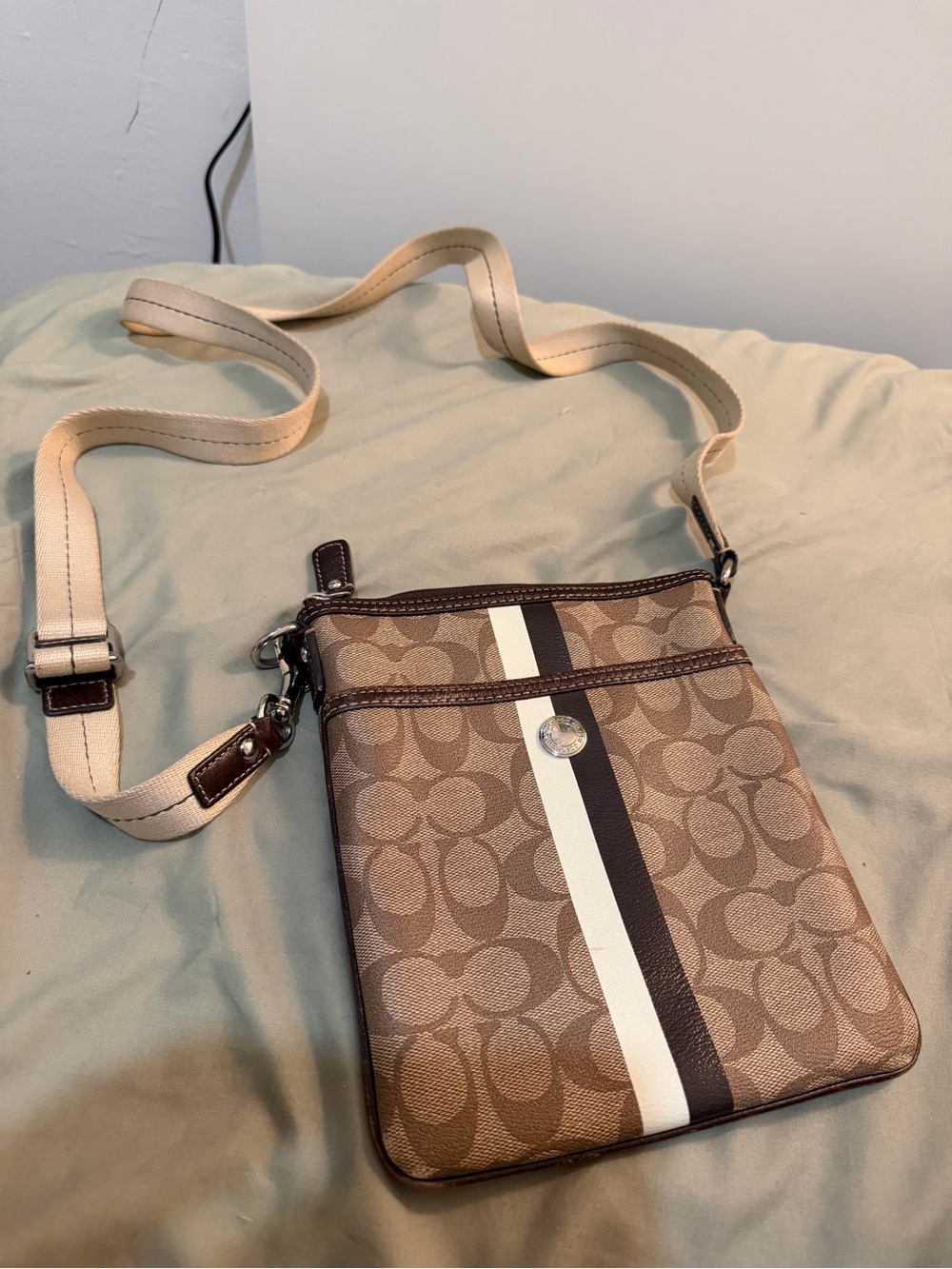 Coach Brown Signature Crossbody with Center White & Dark Brown Stripe